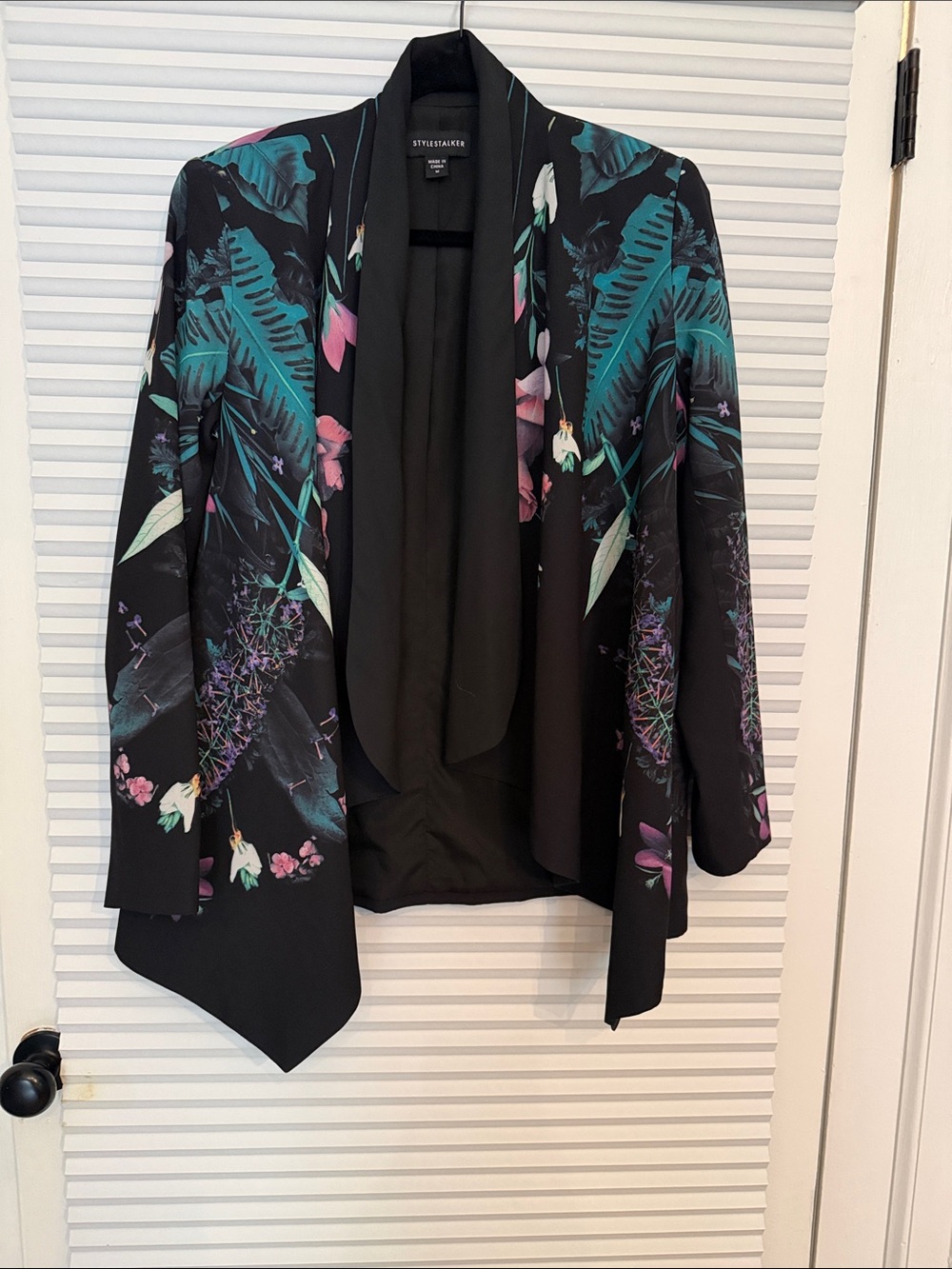 Stylestalker Black Floral Draped Open-Front Blazer with Teal & Pink Print